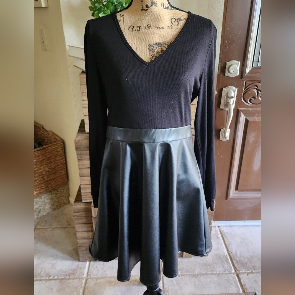 Cupshe Black V-Neck Long Sleeve Dress with Faux Leather Skirt